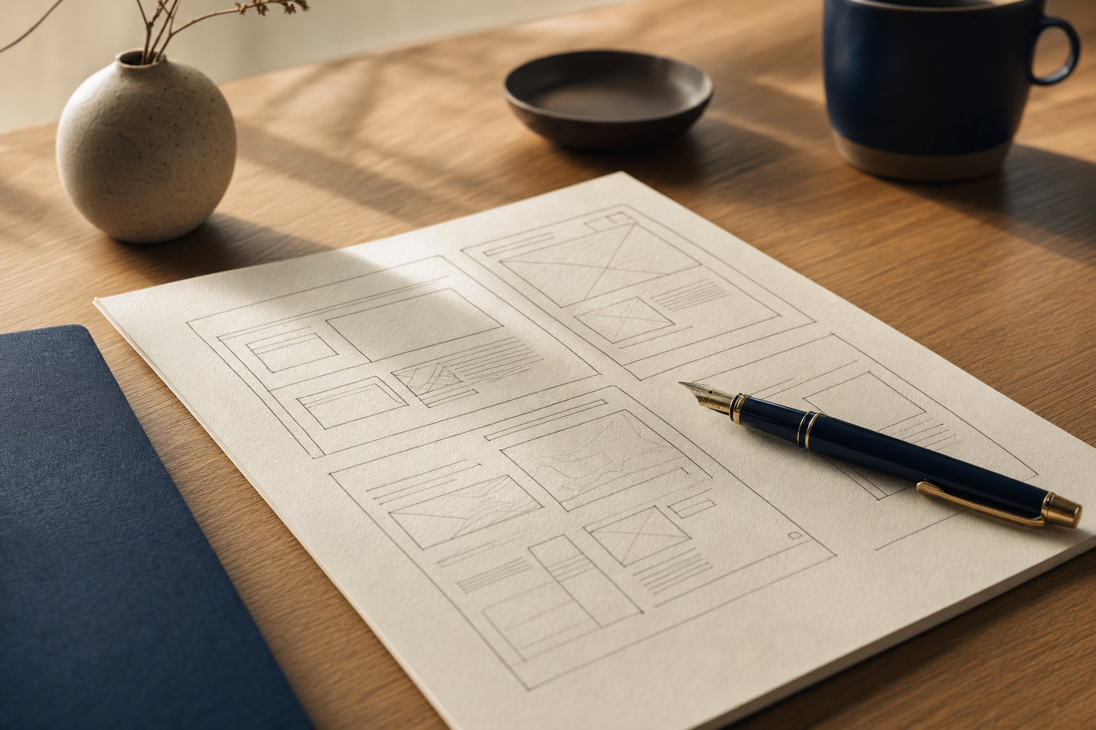 A flat lay of wireframes and design notes on an oak desk in warm afternoon light.