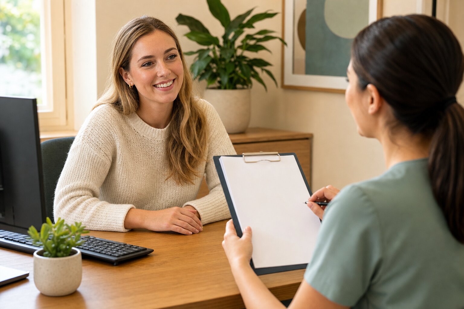 A patient arriving warmly at a dental appointment