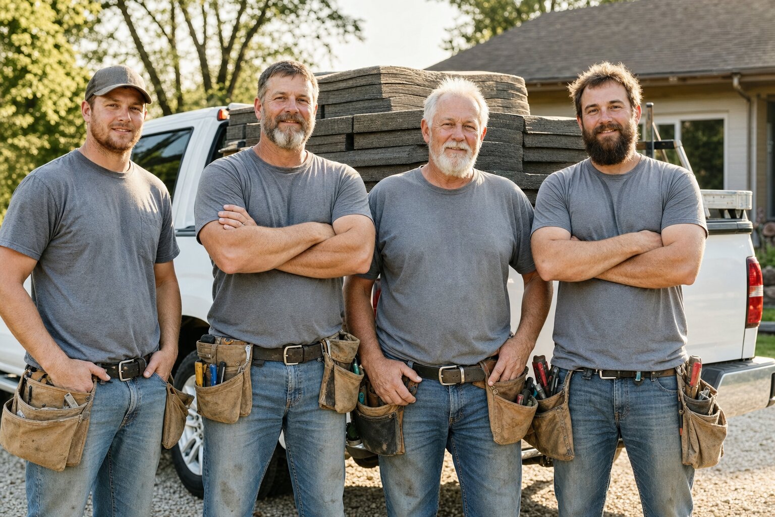 The River City Roofing crew of four standing in front of a white work truck loaded with shingle bundles.