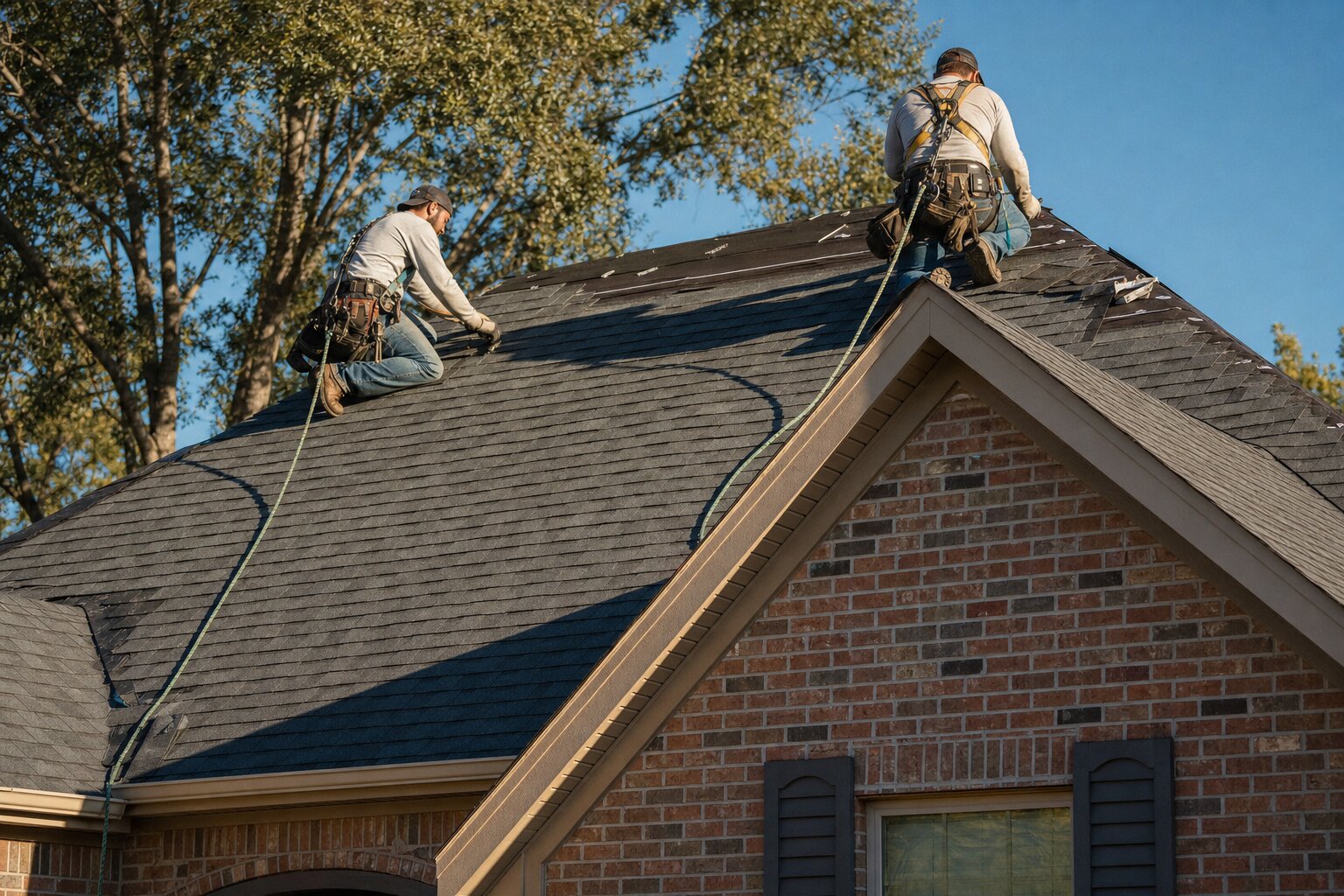 Two River City Roofing installers fastening architectural shingles on the gable roof of a brick home in late afternoon light.