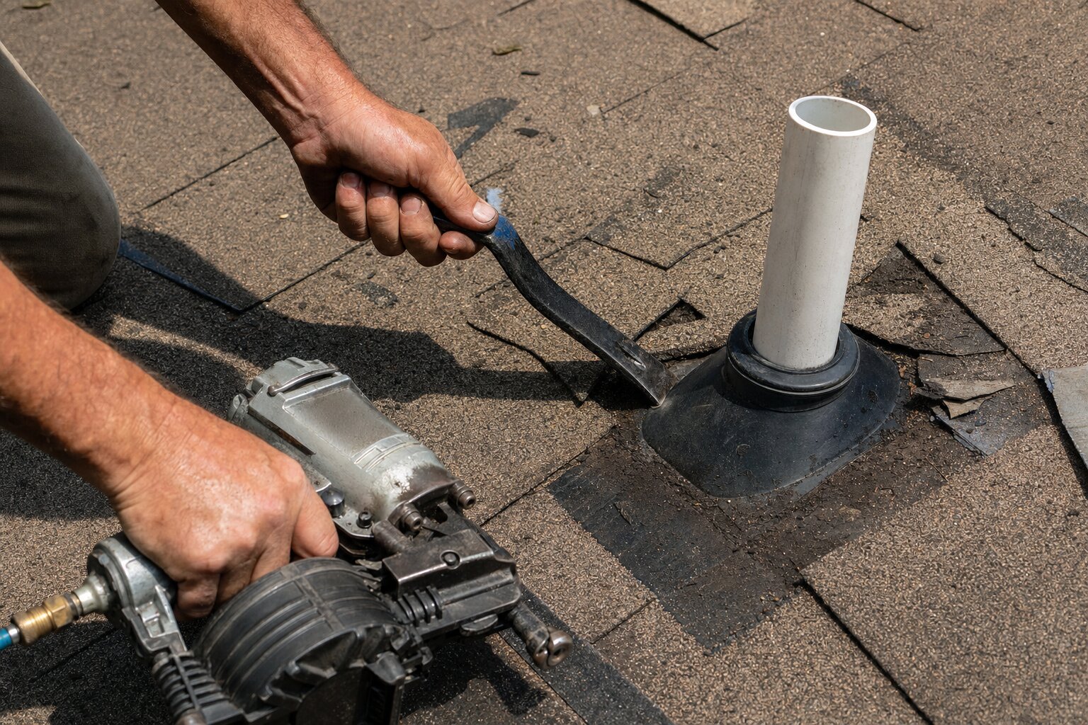 A roofer using a pry bar and nailer to replace damaged shingles around a plumbing vent boot.